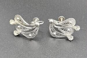 Vintage Sterling Silver Filigree Clip Earrings Clear Stones Lang Mark